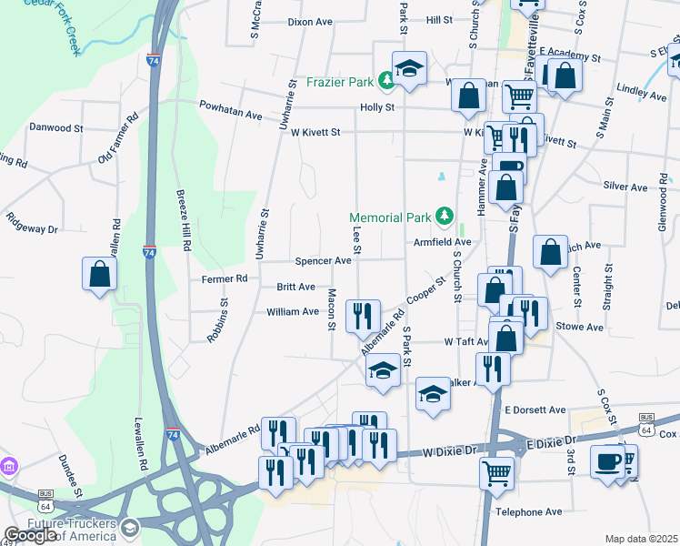 map of restaurants, bars, coffee shops, grocery stores, and more near 624 Spencer Avenue in Asheboro