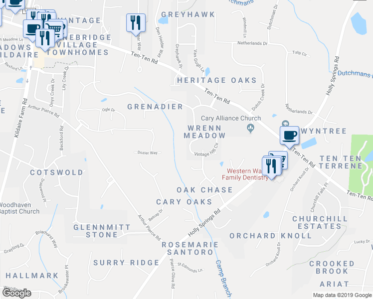 map of restaurants, bars, coffee shops, grocery stores, and more near 110 Vintage Hill Circle in Apex