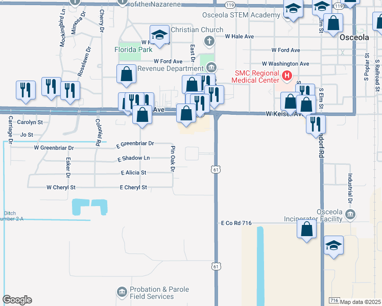 map of restaurants, bars, coffee shops, grocery stores, and more near 45 River Circle in Osceola