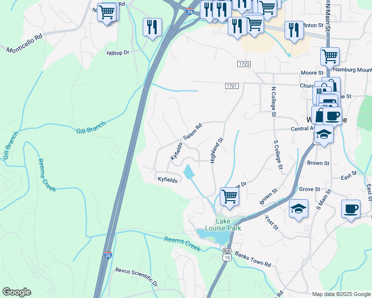 map of restaurants, bars, coffee shops, grocery stores, and more near 313 Kyfields in Weaverville