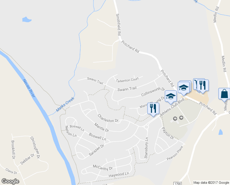 map of restaurants, bars, coffee shops, grocery stores, and more near 417 Collinsworth Drive in Clayton