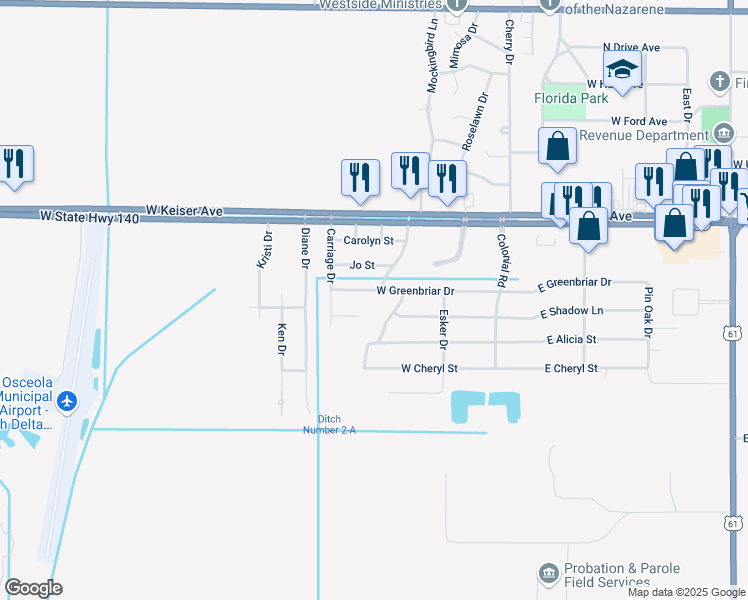 map of restaurants, bars, coffee shops, grocery stores, and more near 128 West Greenbriar Drive in Osceola