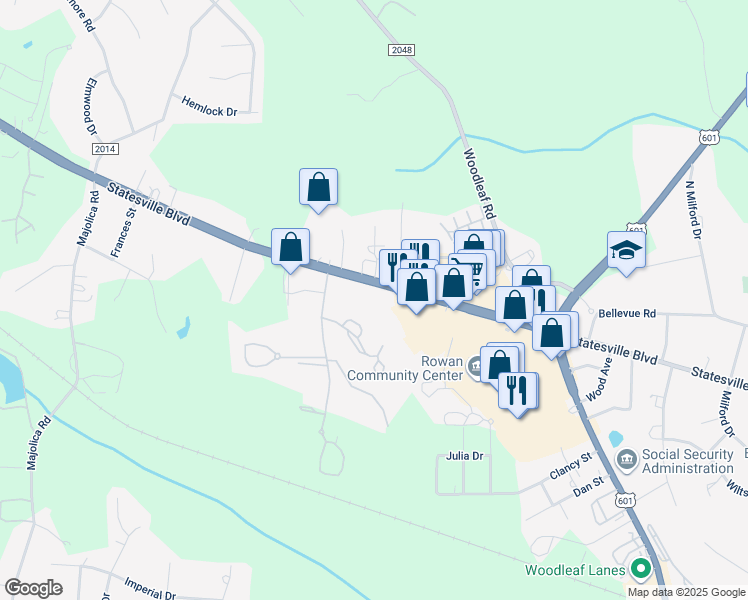map of restaurants, bars, coffee shops, grocery stores, and more near 2201 Statesville Boulevard in Salisbury