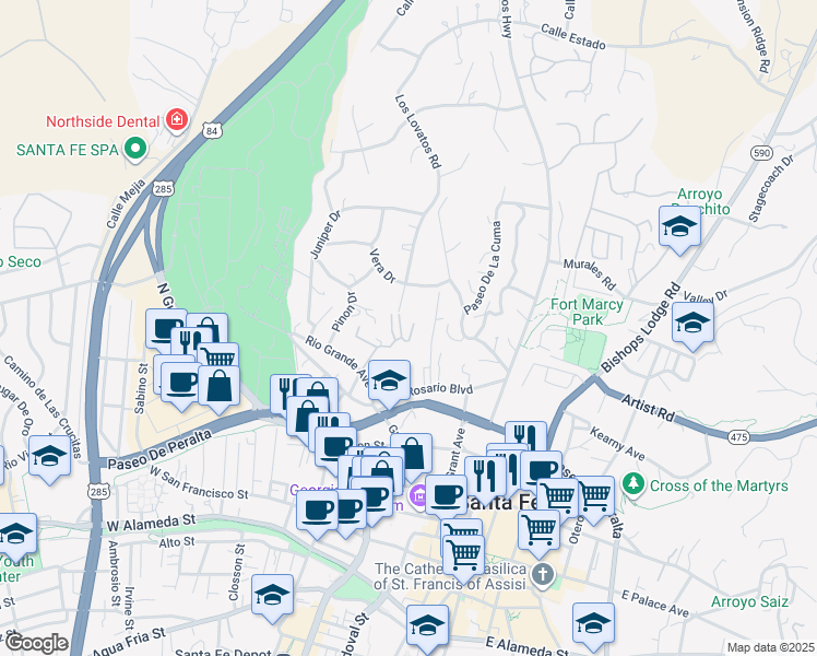 map of restaurants, bars, coffee shops, grocery stores, and more near 501 Rio Grande Avenue in Santa Fe