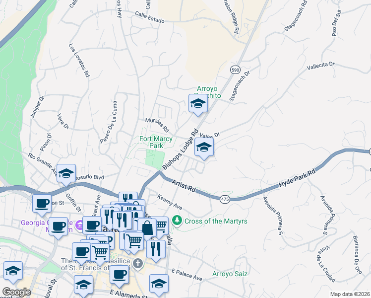 map of restaurants, bars, coffee shops, grocery stores, and more near 663 Bishops Lodge Road in Santa Fe
