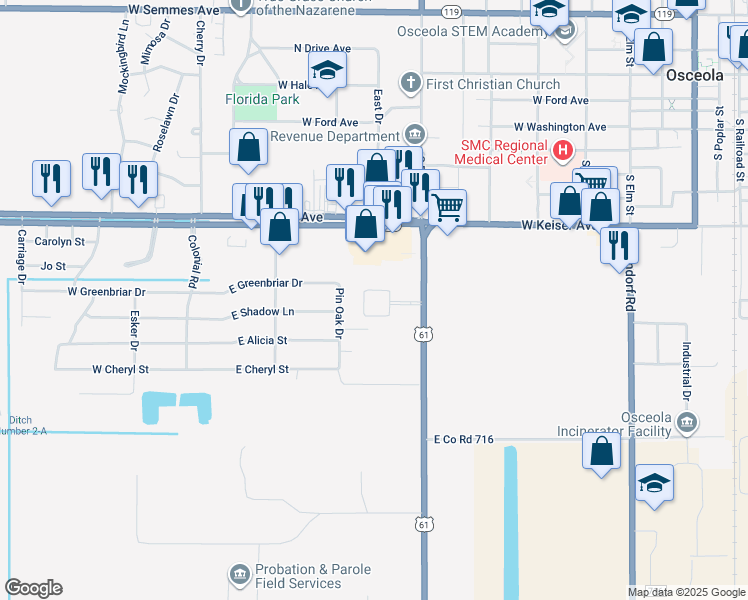 map of restaurants, bars, coffee shops, grocery stores, and more near 45 River Circle in Osceola