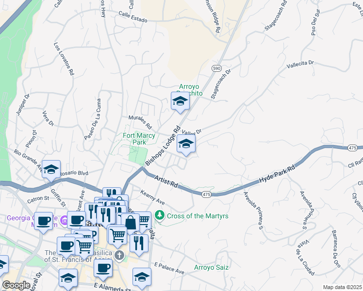 map of restaurants, bars, coffee shops, grocery stores, and more near 663 Bishops Lodge Road in Santa Fe