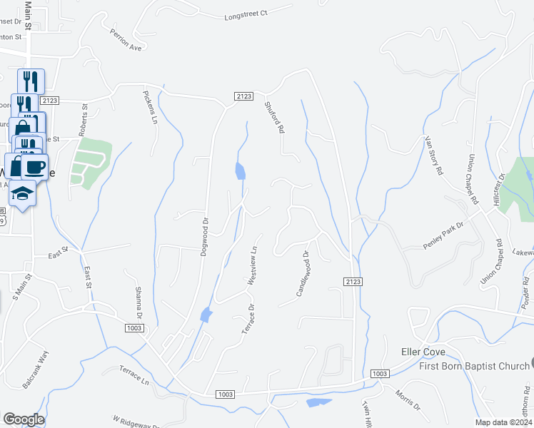 map of restaurants, bars, coffee shops, grocery stores, and more near 15 Meadowview Terrace in Weaverville