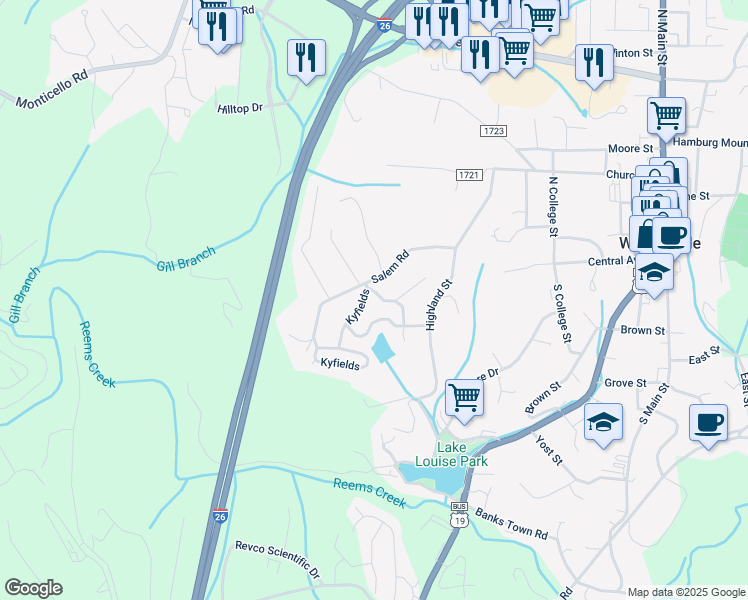 map of restaurants, bars, coffee shops, grocery stores, and more near 313 Kyfields in Weaverville