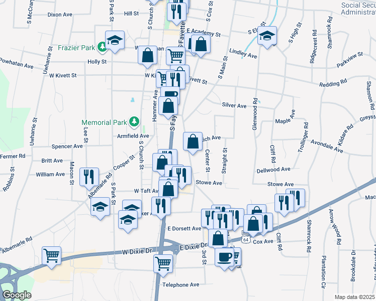 map of restaurants, bars, coffee shops, grocery stores, and more near 903 South Cox Street in Asheboro