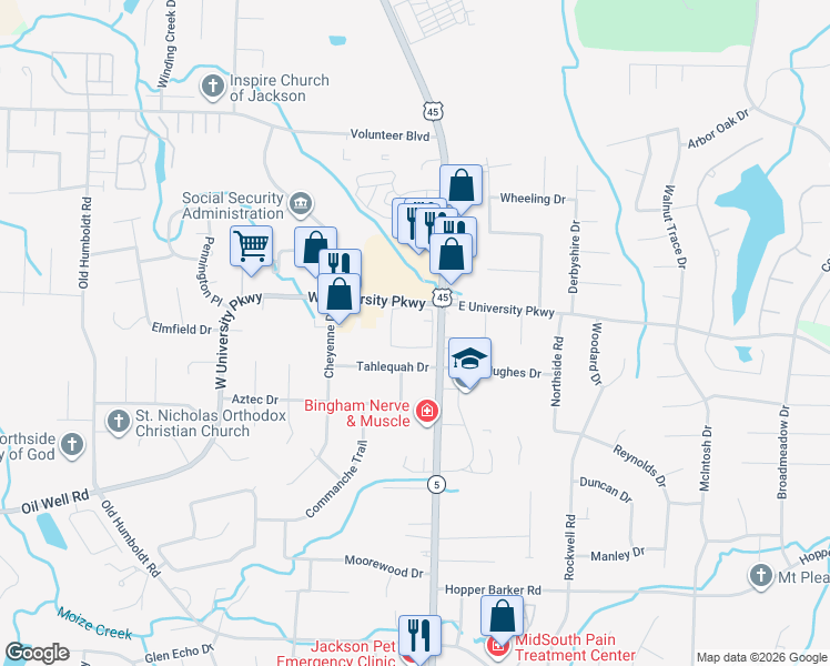 map of restaurants, bars, coffee shops, grocery stores, and more near 3131 North Highland Avenue in Jackson