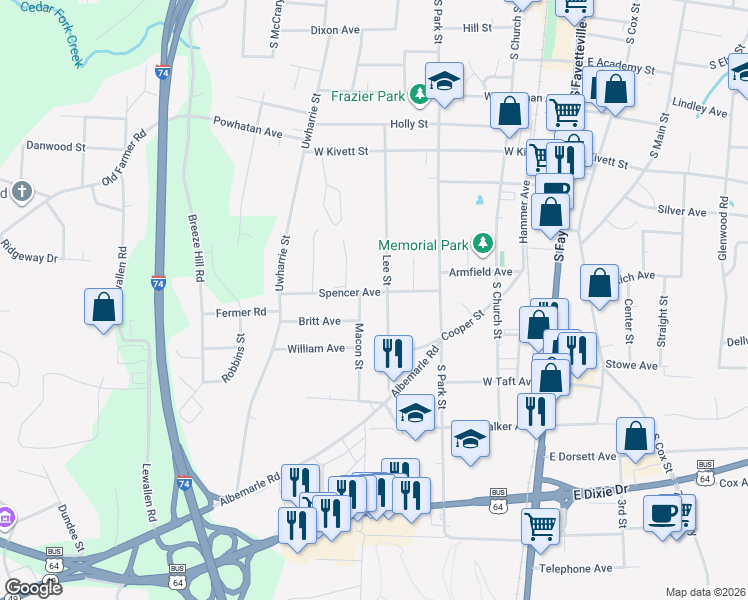 map of restaurants, bars, coffee shops, grocery stores, and more near 855 Lee Street in Asheboro