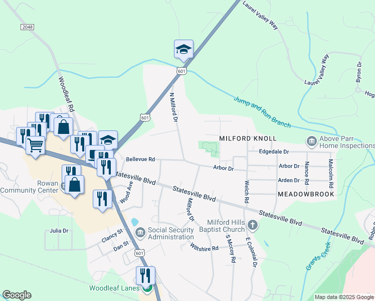 map of restaurants, bars, coffee shops, grocery stores, and more near 210 Milford Drive in Salisbury