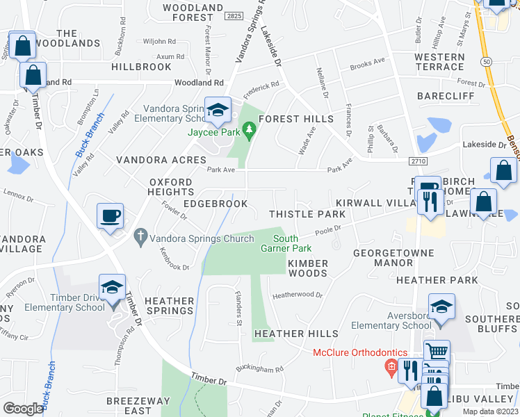 map of restaurants, bars, coffee shops, grocery stores, and more near 105 Tiara Court in Garner