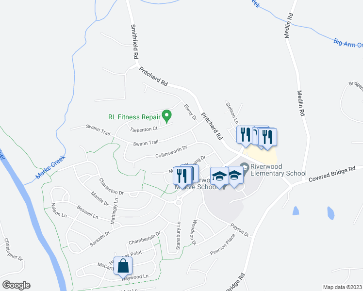 map of restaurants, bars, coffee shops, grocery stores, and more near 321 Collinsworth Drive in Clayton