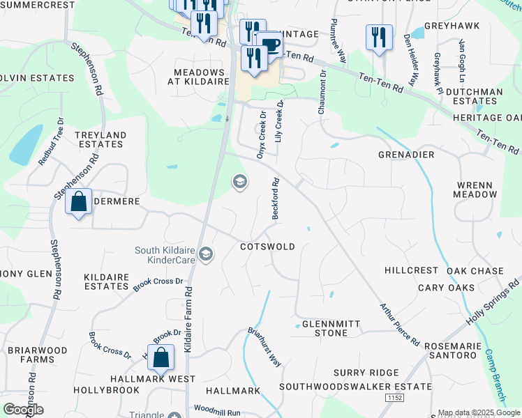map of restaurants, bars, coffee shops, grocery stores, and more near 2016 Ambrose Park Lane in Cary