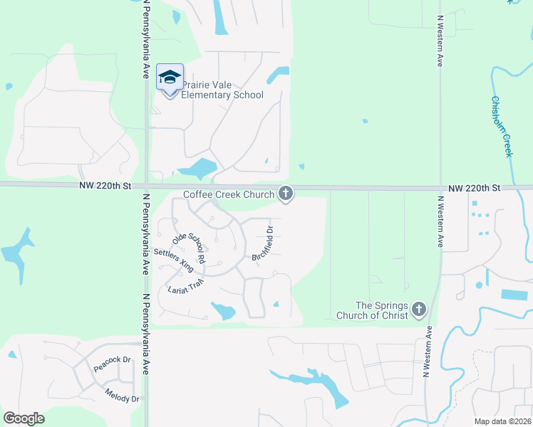 map of restaurants, bars, coffee shops, grocery stores, and more near 1667 Birchfield Road in Edmond