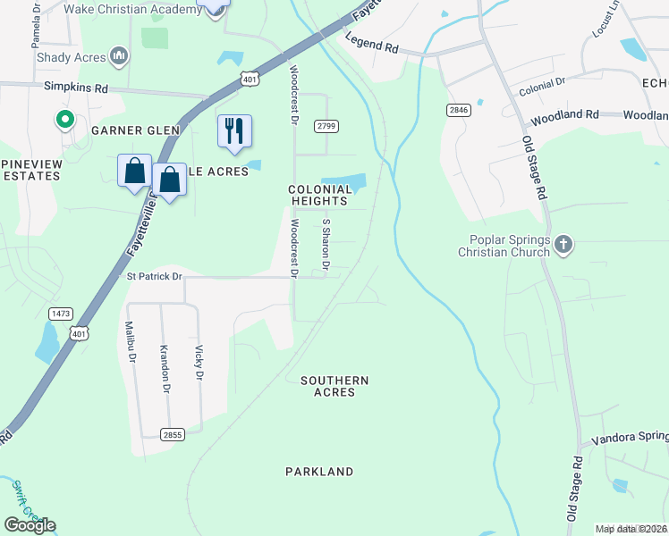map of restaurants, bars, coffee shops, grocery stores, and more near 5937 South Sharon Drive in Raleigh
