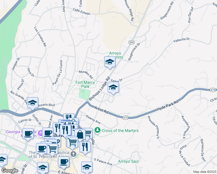 map of restaurants, bars, coffee shops, grocery stores, and more near 663 Bishops Lodge Road in Santa Fe
