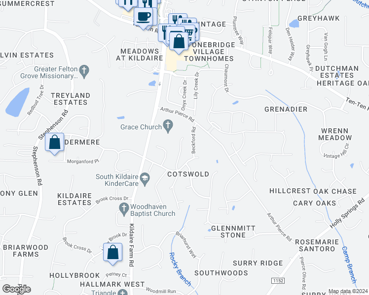 map of restaurants, bars, coffee shops, grocery stores, and more near 2016 Ambrose Park Lane in Cary