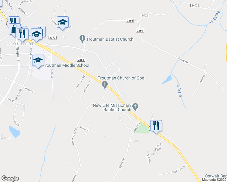 map of restaurants, bars, coffee shops, grocery stores, and more near 526 South Main Street in Troutman