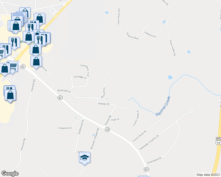 map of restaurants, bars, coffee shops, grocery stores, and more near 1466 Briarcliff Drive in Asheboro