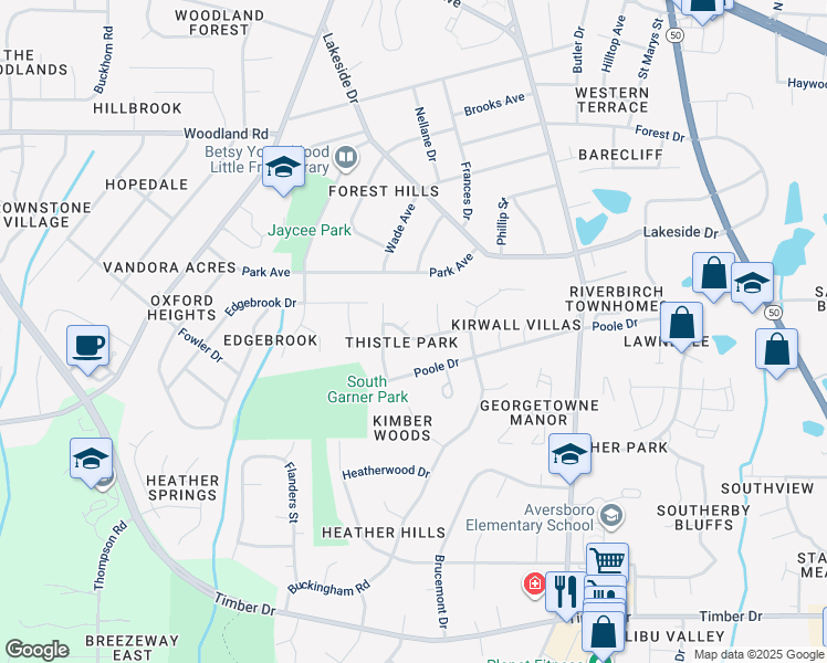 map of restaurants, bars, coffee shops, grocery stores, and more near 204 Hutchins Drive in Garner