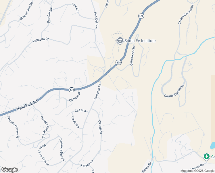 map of restaurants, bars, coffee shops, grocery stores, and more near 1392 Hyde Park Road in Santa Fe