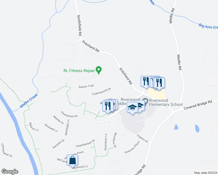 map of restaurants, bars, coffee shops, grocery stores, and more near 317 Collinsworth Drive in Clayton