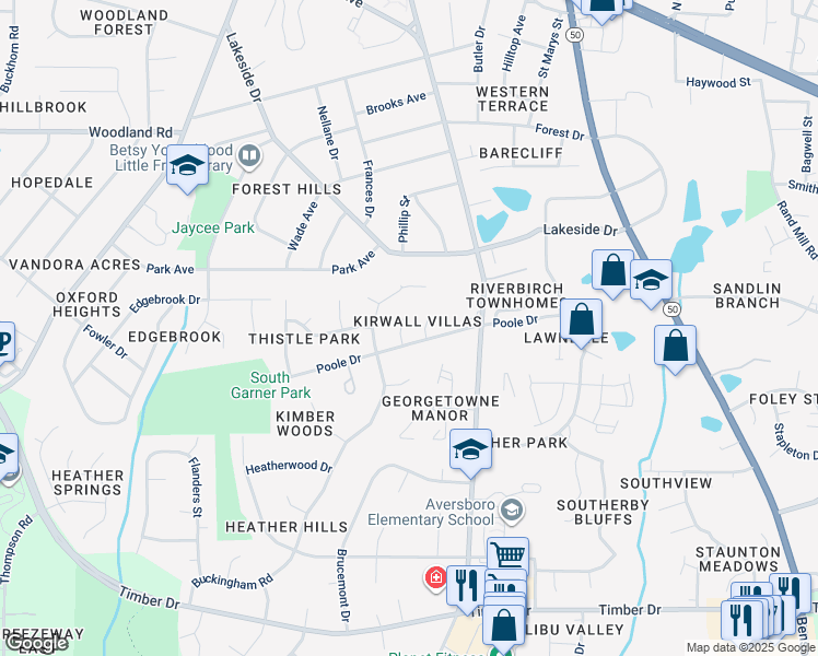map of restaurants, bars, coffee shops, grocery stores, and more near 110 Drumbuie Place in Garner