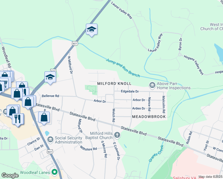 map of restaurants, bars, coffee shops, grocery stores, and more near 1340 Edgedale Drive in Salisbury
