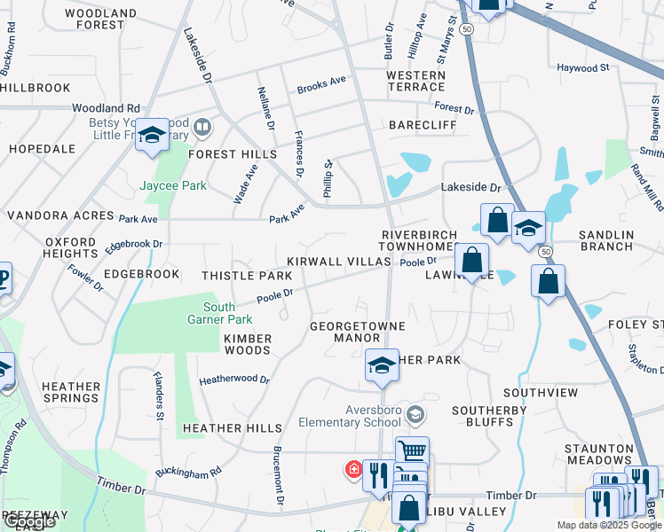 map of restaurants, bars, coffee shops, grocery stores, and more near 110 Drumbuie Place in Garner
