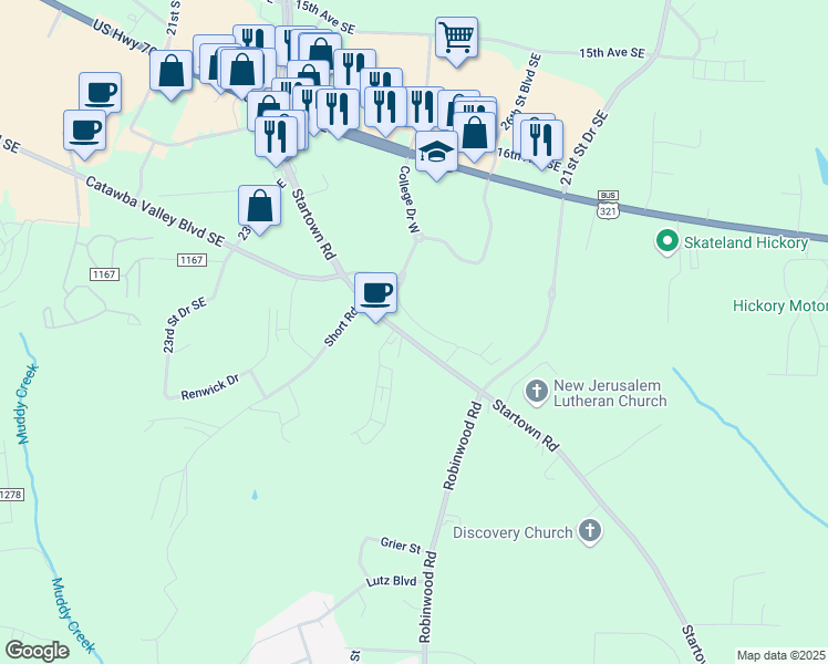 map of restaurants, bars, coffee shops, grocery stores, and more near 2010 Startown Road in Hickory