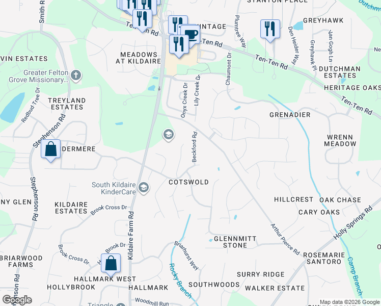 map of restaurants, bars, coffee shops, grocery stores, and more near 110 Beckford Road in Cary