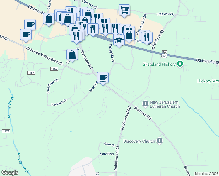 map of restaurants, bars, coffee shops, grocery stores, and more near 2010 Startown Road in Hickory