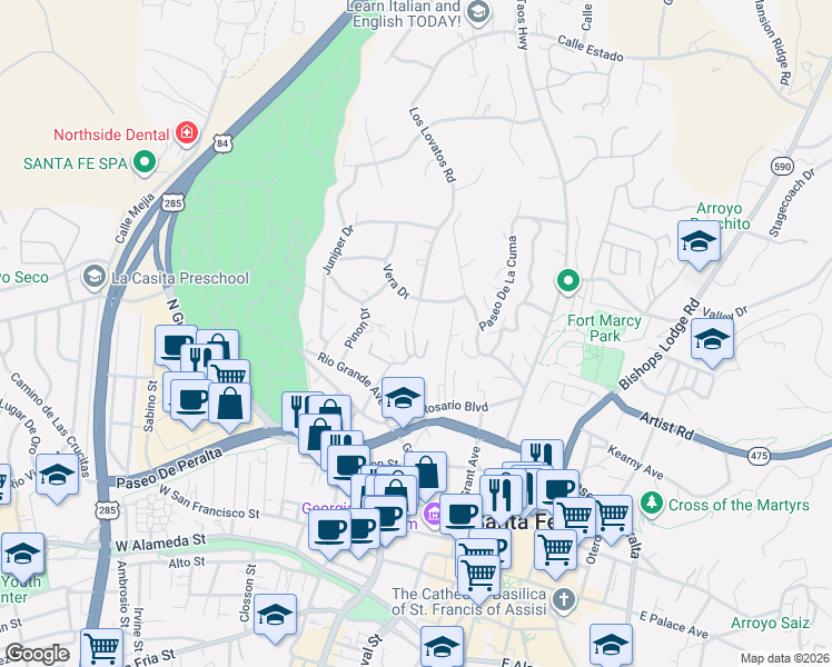 map of restaurants, bars, coffee shops, grocery stores, and more near 701 Los Lovatos Road in Santa Fe