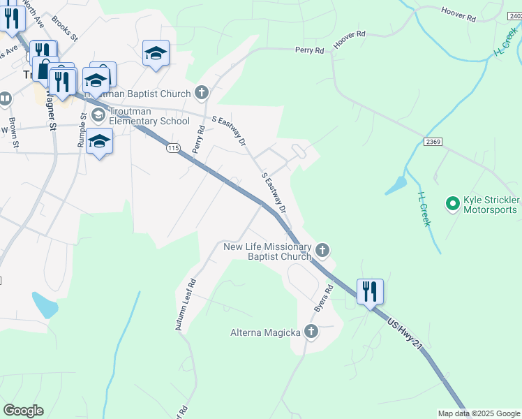 map of restaurants, bars, coffee shops, grocery stores, and more near 496 S Main St in Troutman