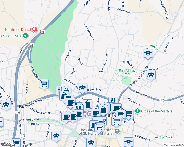 map of restaurants, bars, coffee shops, grocery stores, and more near 565 Del Norte Lane in Santa Fe