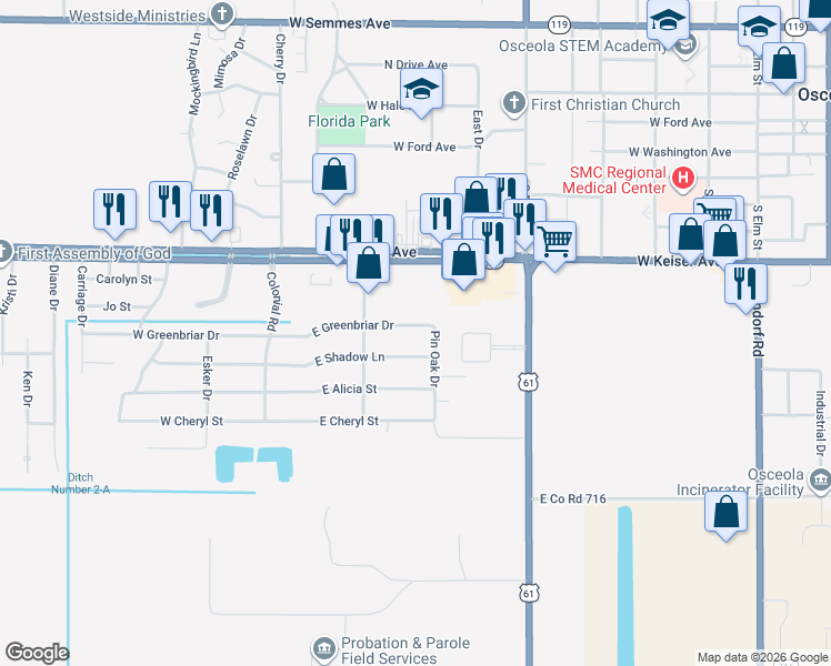 map of restaurants, bars, coffee shops, grocery stores, and more near 208 East Greenbriar Drive in Osceola