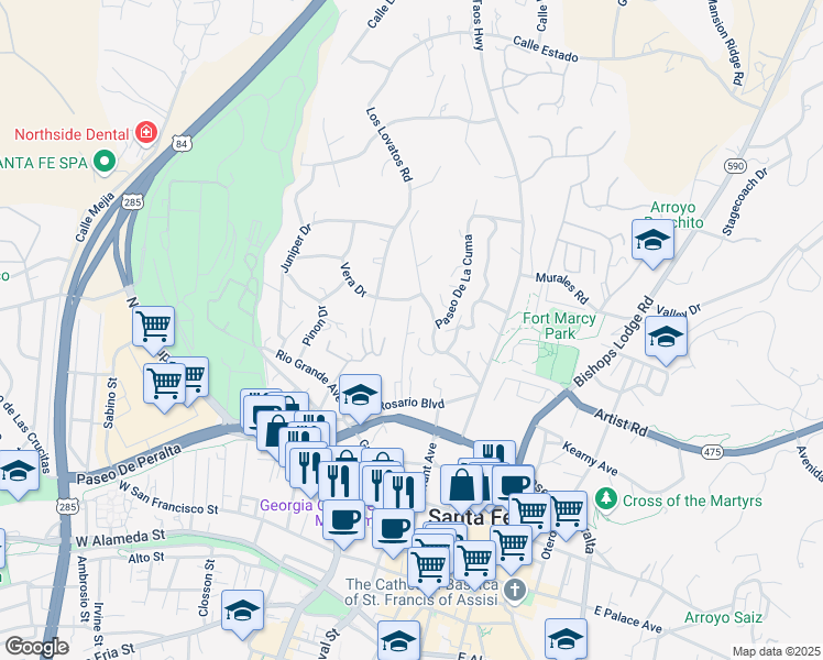 map of restaurants, bars, coffee shops, grocery stores, and more near 565 Del Norte Lane in Santa Fe