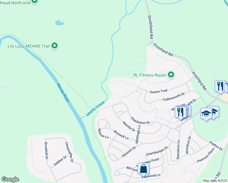 map of restaurants, bars, coffee shops, grocery stores, and more near 121 Dawson Drive in Clayton