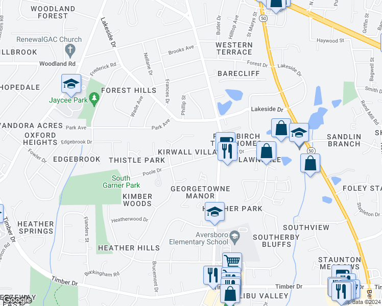 map of restaurants, bars, coffee shops, grocery stores, and more near 111 Rhum Place in Garner