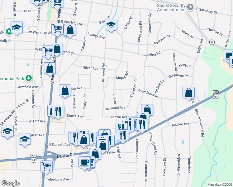map of restaurants, bars, coffee shops, grocery stores, and more near 918 Walton Court in Asheboro