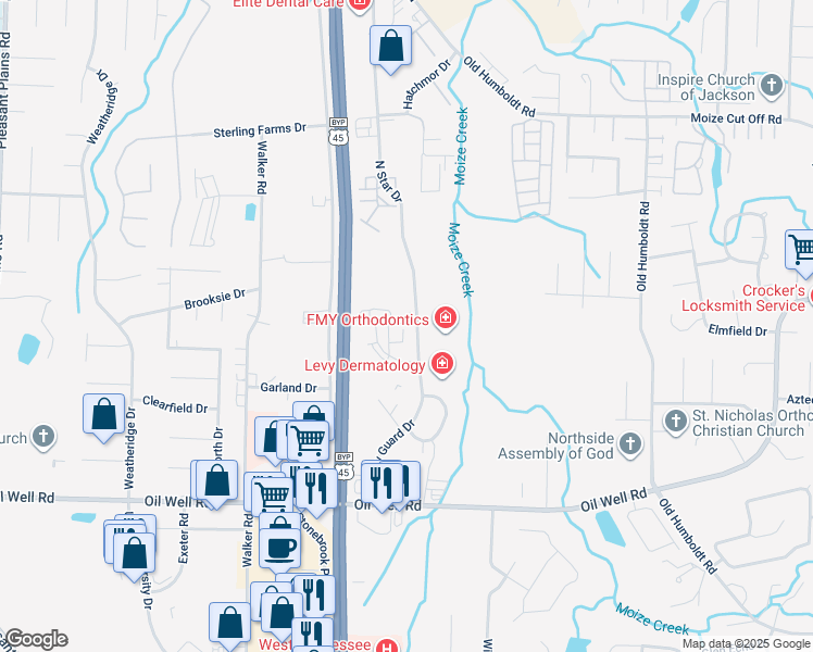 map of restaurants, bars, coffee shops, grocery stores, and more near N Star Dr in Jackson