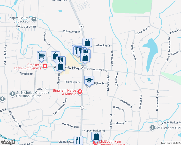 map of restaurants, bars, coffee shops, grocery stores, and more near 15 Leewood Cove in Jackson