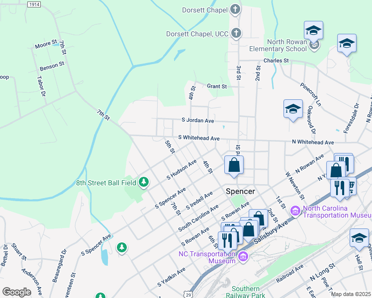 map of restaurants, bars, coffee shops, grocery stores, and more near 405 South Baldwin Avenue in Spencer