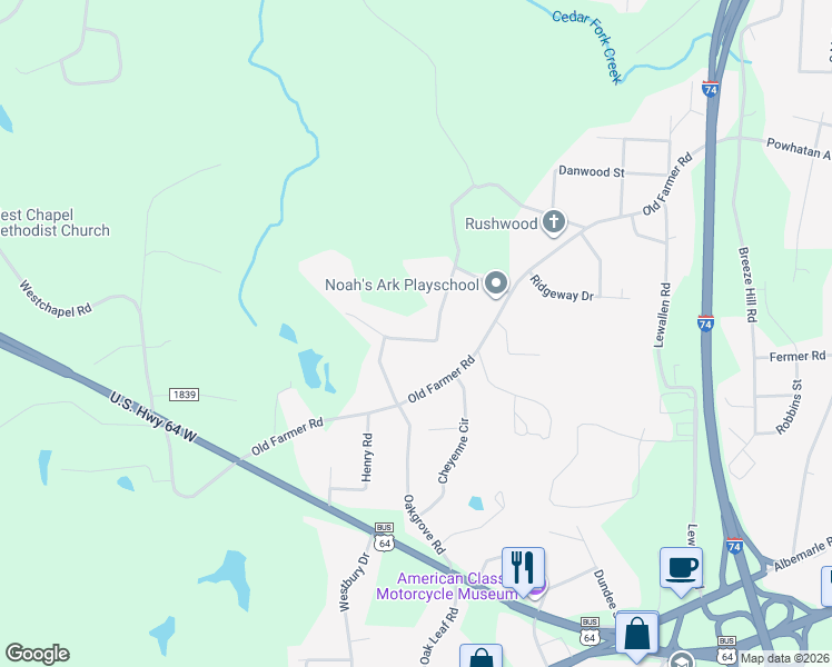 map of restaurants, bars, coffee shops, grocery stores, and more near 635 Oakgrove Road in Asheboro