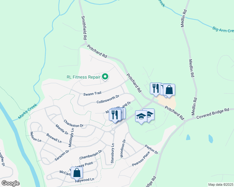 map of restaurants, bars, coffee shops, grocery stores, and more near 309 Collinsworth Drive in Clayton