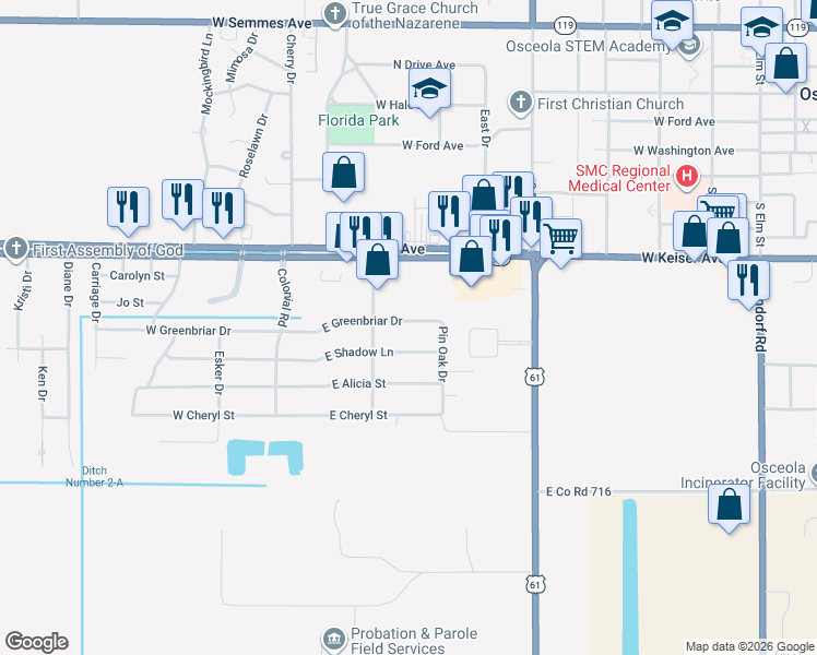 map of restaurants, bars, coffee shops, grocery stores, and more near 208 East Greenbriar Drive in Osceola