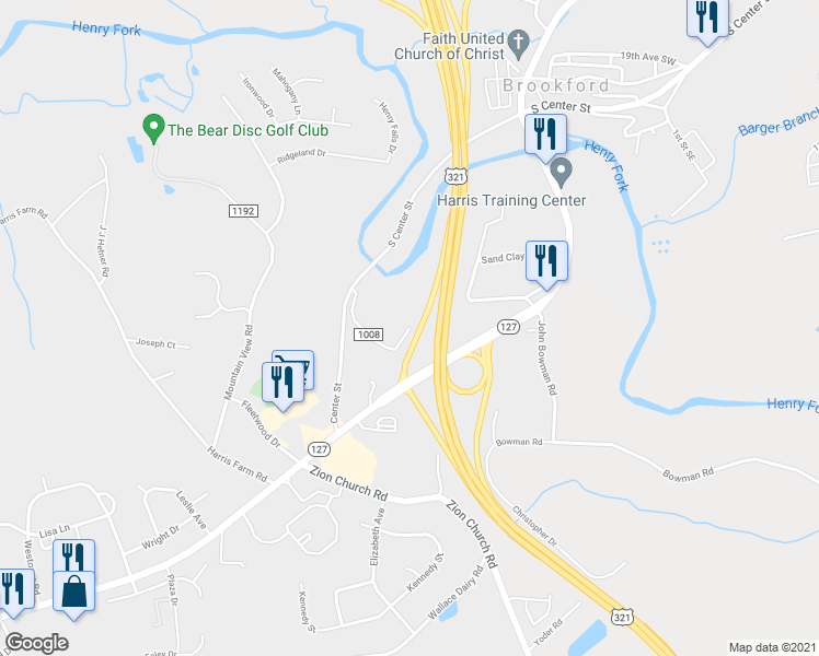 map of restaurants, bars, coffee shops, grocery stores, and more near 2200 Mitchell Drive in Hickory